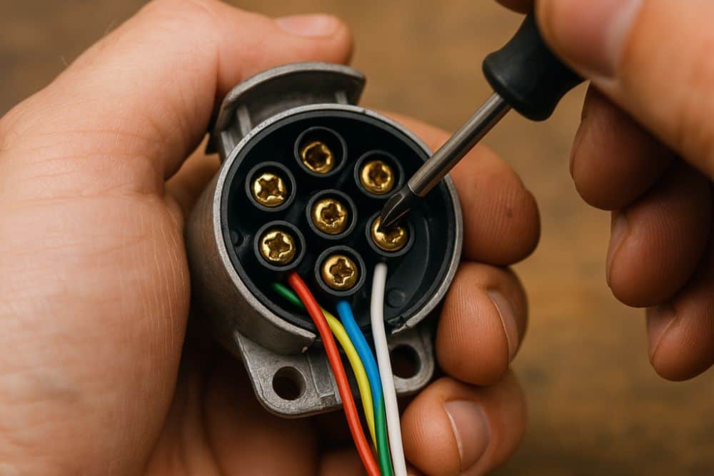 Closeup of a trailer plug being wired