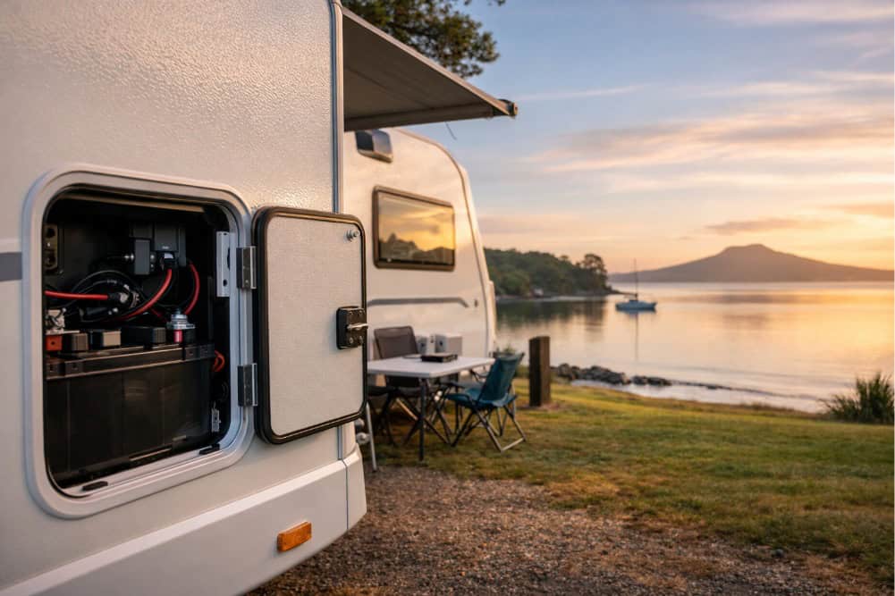 Caravan Battery Charging at a coastal Auckland-area campsite in New Zealand, with a caravan parked in early morning light and an open battery compartment showing subtle wiring for a road-ready power setup.