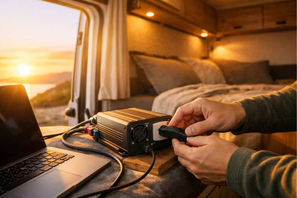 Inside a modern campervan at sunrise, someone plugs a laptop charger into a compact inverter with tidy cables, illustrating Installing Inverters in Motorhomes for reliable off-grid power.