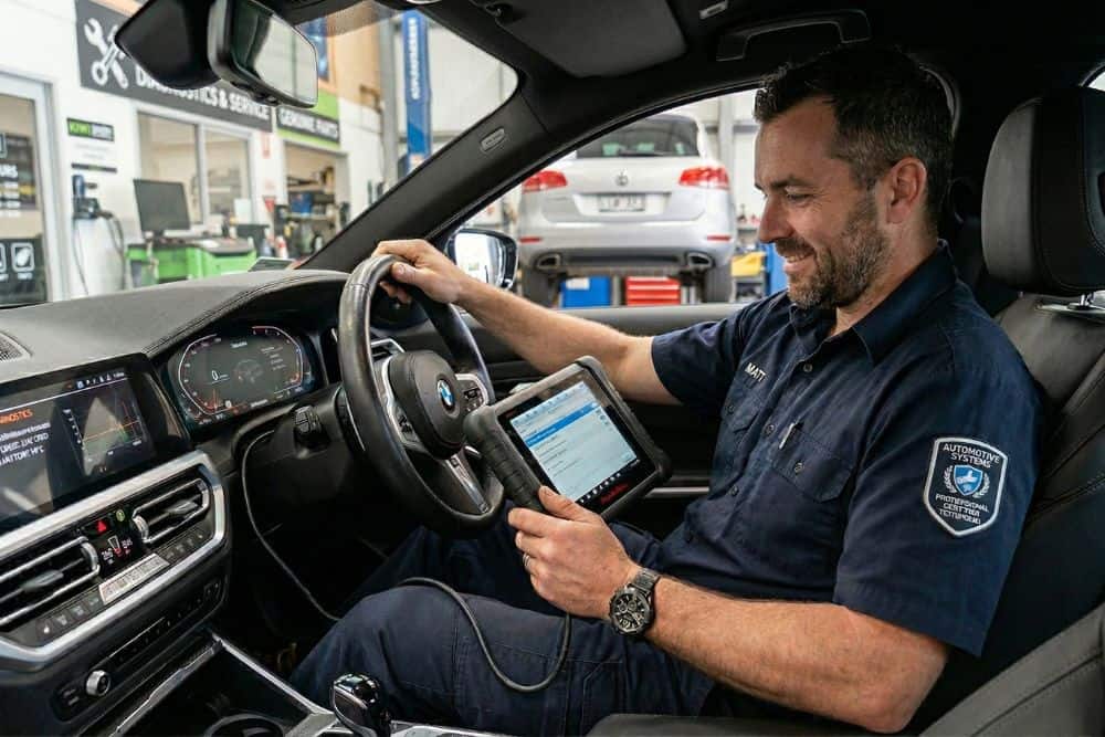 An auto electrician registering a new battery in a European car