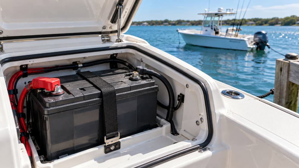 Close-up of a marine battery secured in a tidy boat compartment, illustrating how to pick the right marine battery for your boat.